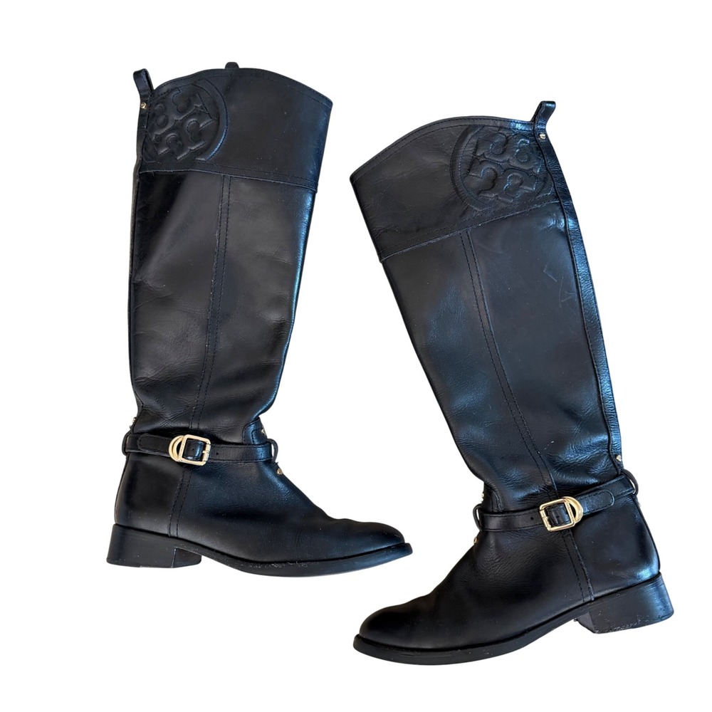 Tory Burch Kiernan Black Leather Riding Boots Gold Logo Size 6M 22148431